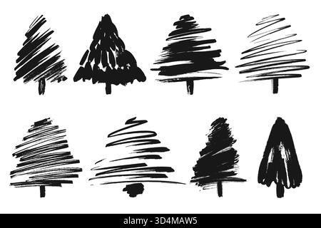 Christmas Trees Paint Brush Strokes Silhouettes Set. Hand drawn brush stroke Christmas trees. Doodle ink painted fir trees for New Year and Christmas Stock Vector