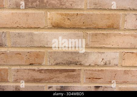 Close-up view of a beige brick wall texture showing details of construction and material design Stock Photo