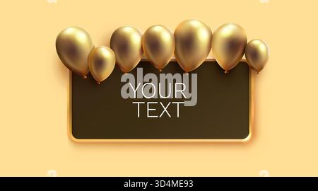 Golden Balloons with Blank Rectangular Frame. Elegant backdrop for text, celebration, or promotion. Vector illustration Stock Vector