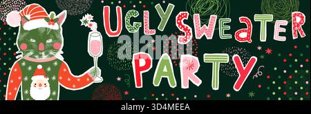 Funny Hipster Black Cat Ugly Sweater Party Horizontal Vector Banner Collage, Fun Halftone Illustration in Red, Green and Pink Colors Stock Vector