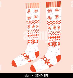 Cute vector winter knitted stockings in flat style in white and red colors Stock Vector