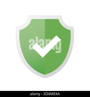 Green shield badge with check mark symbol, vector illustration of protection, security and approval concept, perfect for web icons, app interfaces, ce Stock Vector