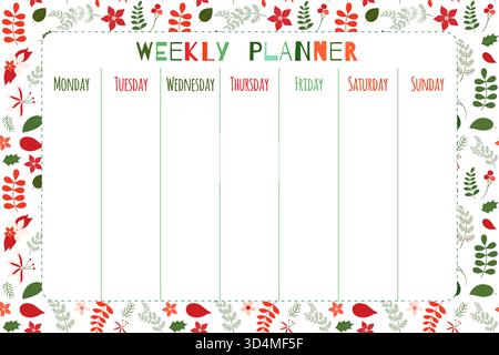 Elegant floral vector weekly planner template in red and green for Christmas planning Stock Vector
