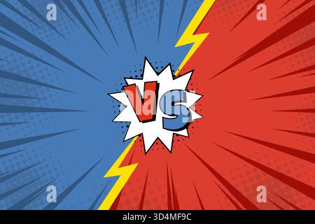Versus fight background in retro comic style with red and blue split parts, halftone rays, lightning and explosion cloud, perfect for vs game screens, Stock Vector