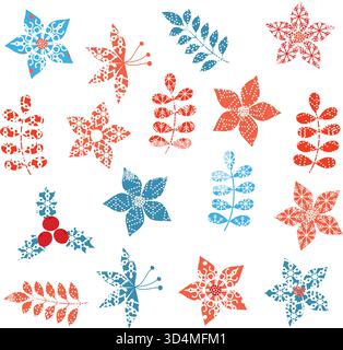 Winter and Christmas stylized decorative leaf designs with snowflake texture Stock Vector