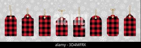 Christmas buffalo plaid red and black gift tags for holiday presents, sales and promotion or for store labels Stock Vector