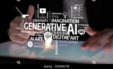 Close-up of hands interacting with a digital tablet displaying concepts of generative AI, emphasizing creativity and innovation in technology and Stock Photo