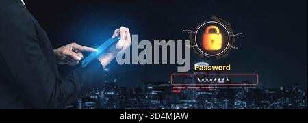 A concept of user authentication and password security. The interface shows a password strength meter, highlighting the importance of creating a Stock Photo