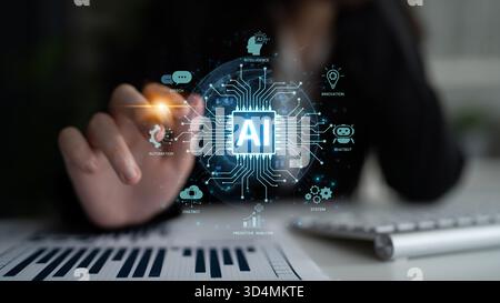 Concept of an enterprise Artificial Intelligence solution. A central processor powers machine learning for business automation, innovation, and Stock Photo