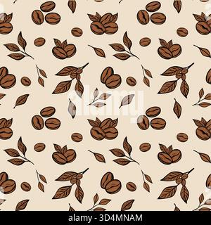 Vector seamless pattern with brown coffee beans and leaves on beige background, perfect for packaging, cafe decor, textile, and branding design. Stock Vector