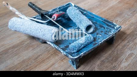 Painting Rollers Brushes and Tray ready for the Next Time Stock Photo