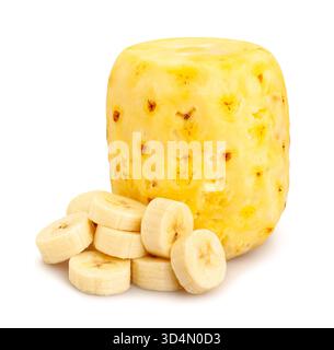 peeled pineapple sliced banana mix path isolated on white Stock Photo
