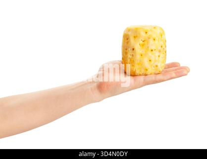 peeled pineapple in hand path isolated on white Stock Photo