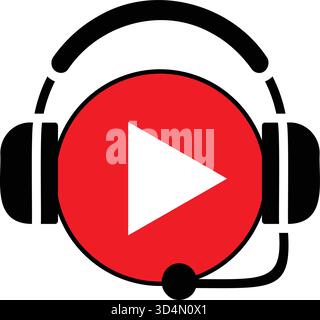 An icon depicting a modern headset with a microphone integrated, centered around a red circle containing a white play button symbol, representing digi Stock Vector