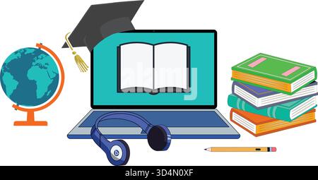 Illustration depicting digital learning tools: laptop with open book, graduation cap, globe, stack of books, headphones, and pencil for remote study. Stock Vector