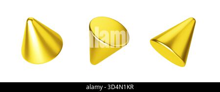3D golden cones and pyramids with metallic gradient and realistic shine. Abstract geometric shapes in luxury style. Vector render for elegant design Stock Vector