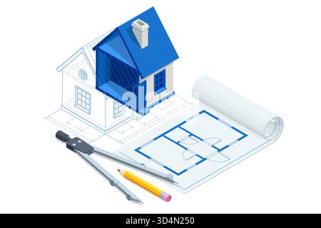 An isometric illustration of a modern detached house with blueprints, measuring tools, and a laptop, symbolizing architectural design, real estate Stock Vector