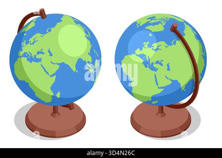An isometric illustration of a classic desk globe on a stand, representing global communication, education, travel, geography, and world map concepts Stock Vector