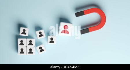 Magnet attracting people icons on light blue background. Concept of customer attraction, marketing strategy, recruitment, leadership, and business gro Stock Photo