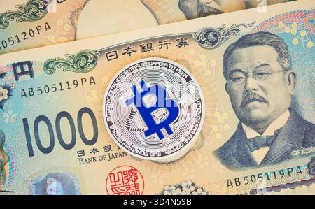 Bitcoin on banknote Stock Photo