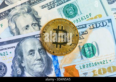 Bitcoin on banknote Stock Photo