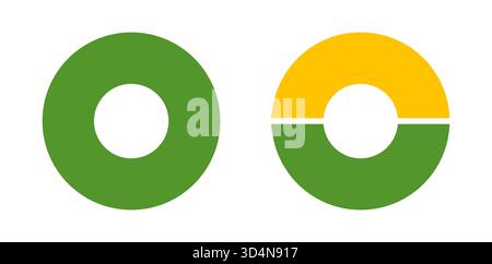 Multicolored donut charts, pies segmented on from 1 to 2 equal parts. Multicoloured diagram infographics. Circle section graph. Loading bar mockup Stock Vector