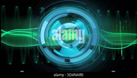 Displaying central HUD rotating on dark virtual field, showing concentric rings and green waveform Stock Photo