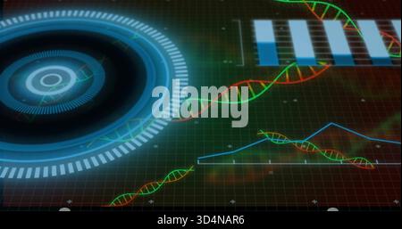 Displaying blue HUD dominating left on dark grid dashboard, showing DNA strands and polyline chart Stock Photo