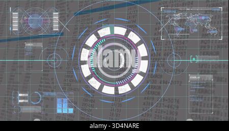 Displaying multi-ring HUD at center on display, showing reticle, readouts, world map, ERROR grid Stock Photo