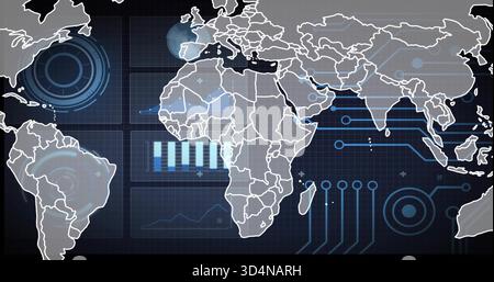 Displaying stylized map with continental outlines overlaying data on dark grid console, with HUDs Stock Photo