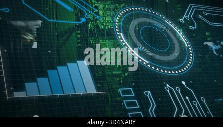 Displaying digital HUD overlay over data center racks, showing blue bar chart and circular gauge Stock Photo