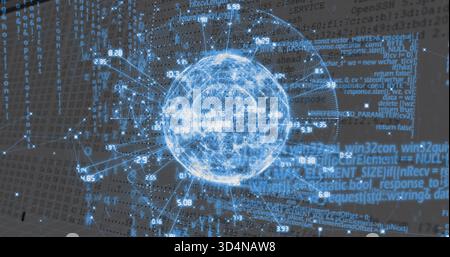 Projecting holographic data globe floating in virtual 3D space, showing glowing nodes and code Stock Photo