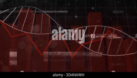 Displaying white silver DNA helix weaving across abstract digital dashboard, with red line and bars Stock Photo