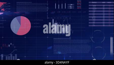 Displaying analytics dashboard showing pie chart and column chart with line overlay on navy screen Stock Photo