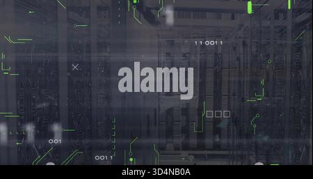 Displaying central server racks streaming data inside datacenter, with LED lights and HUD overlay Stock Photo