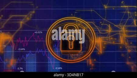 Glowing neon padlock inside rings, hovering in dashboard with colored graphs and percent labels Stock Photo