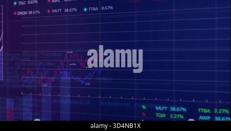 Displaying workstation monitor showing red and blue line charts, dotted histogram columns, legend Stock Photo
