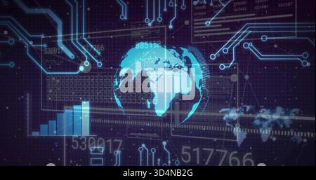 Displaying cyan globe floating above dark purple grid HUD, with circuit traces, bars, digits Stock Photo