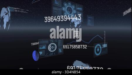 Displaying holographic panels and large numeric strings in virtual data space, showing circular HUD Stock Photo