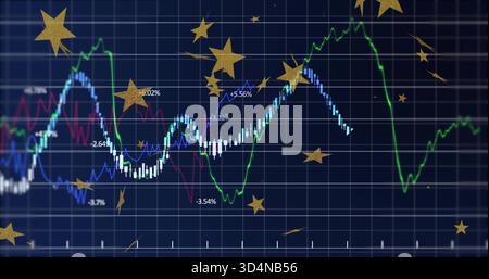Displaying multiline chart with candles on dark blue grid, showing percentages and gold stars Stock Photo