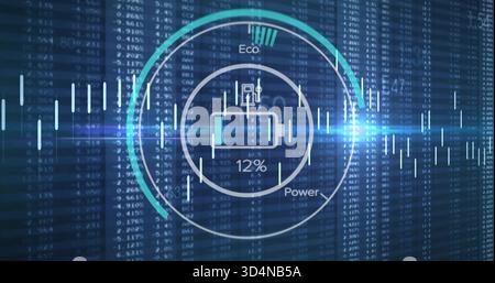 Displaying central circular battery gauge showing 12% on UI, with Eco or Power labels and lens flare Stock Photo