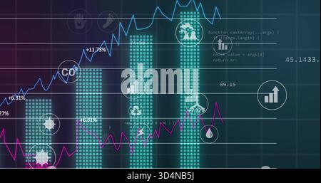 Displaying centered analytics dashboard on dark screen with cyan bars, trend lines, circular icons Stock Photo