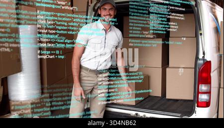 Standing mover smiling at van rear, wearing polo and khaki, with boxes, bubble wrap, code overlay Stock Photo
