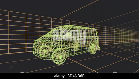 Rendering neon green wireframe van rotating in virtual 3D modeling studio, with orange grid Stock Photo