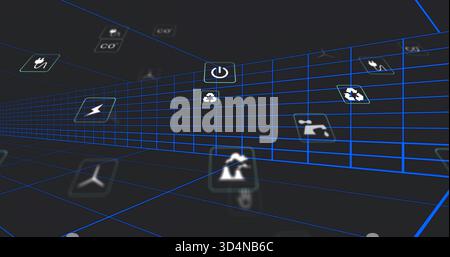 Glowing central neon-blue grid corridor drawing viewer into virtual 3D space, showing energy icons Stock Photo