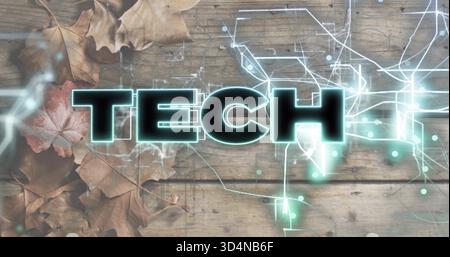 Displaying bold TECH text glowing on wooden plank surface, mixing dried leaves and circuitry Stock Photo