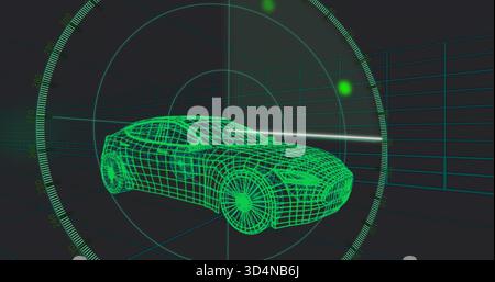 Displaying neon-green wireframe sedan rotating inside radar HUD over 3D grid with scan beam Stock Photo