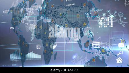 Displaying holographic digital world map across control screen, showing radar targets and data pins Stock Photo
