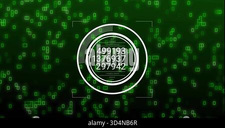 Rotating central white ringed HUD showing stacked numeric readouts on digital UI neon-green grid Stock Photo