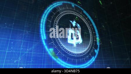 Glowing Bitcoin-like symbol hovering inside holographic HUD in virtual grid with concentric rings Stock Photo